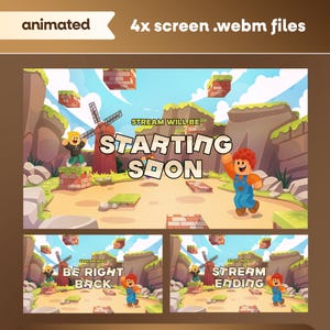 以下が含まれることがあります： アニメーション4xスクリーン.webmファイル、漫画ゲームテーマ。メイン画像には「Stream will be starting soon」と書かれており、キャラクターが手を振っています。下には「Be right back」と「Stream ending」のシーンがあります。