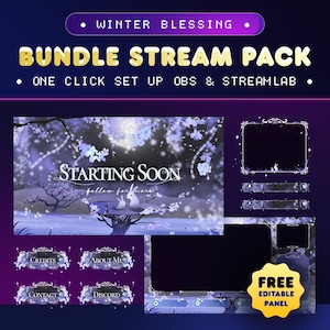 May include: A purple and blue animated stream overlay pack with a winter theme. The overlay features a snowy forest scene with a full moon, two white rabbits, and the text "STARTING SOON". The pack includes a starting soon screen, a chat box, a donation panel, and social media buttons.