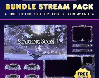 Puede incluir: Un paquete de superposición de transmisión animada de color morado y azul con un tema invernal. La superposición presenta una escena de bosque nevado con luna llena, dos conejos blancos y el texto "STARTING SOON". El paquete incluye una pantalla de inicio, un cuadro de chat, un panel de donaciones y botones de redes sociales.