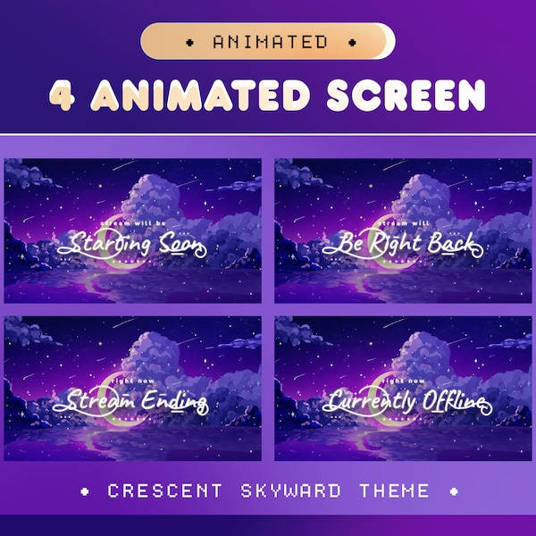 Crescent Skyward Animated Screen Aesthetic for Twitch, Kick, Youtube/Aesthetic Theme/Purple Overlay/Ocean/Moon Night/Vtuber Package/Anime