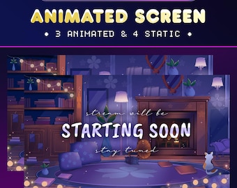 Paquete de pantalla de transmisión animada de Cats Fireside para Twitch/Pantalla de transmisión de Winter in the Room/Pantalla de Twitch de Cute Cat/Comienza pronto la transmisión