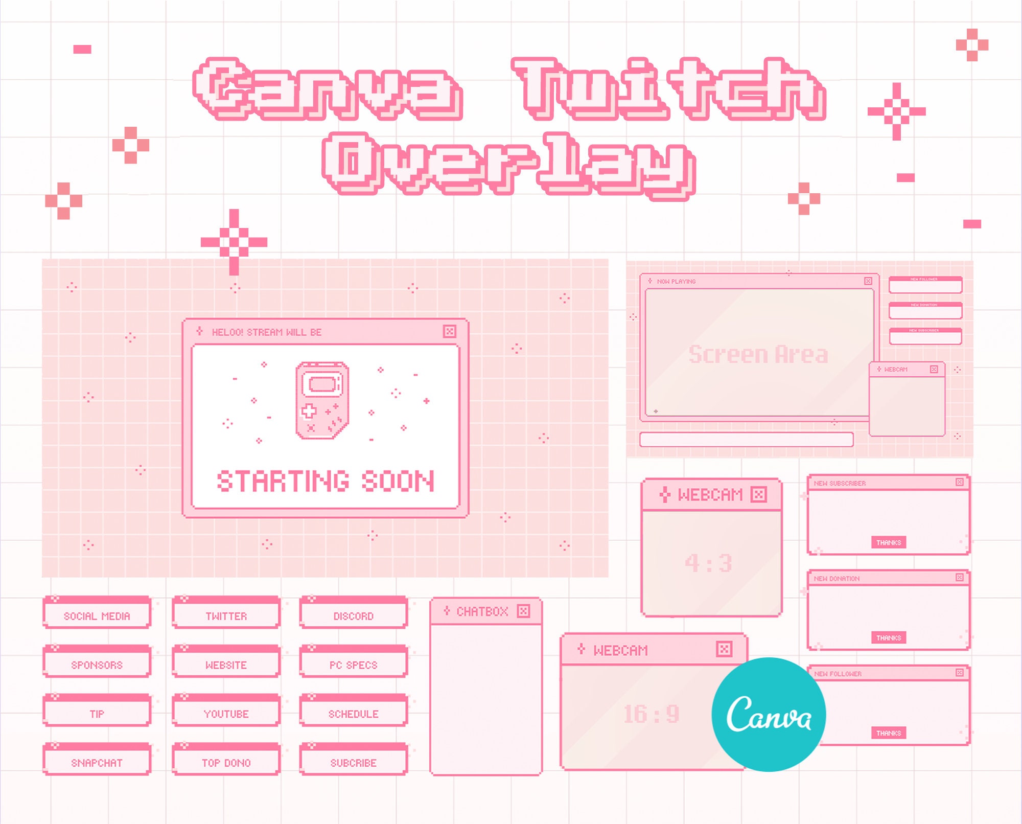 Canva Twitch Overlay Template Cute Pixel Window Overlay - Etsy