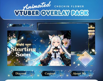 Animated Chocin Flower Stream Pack for Twitch, Kick, Youtube/Aesthetic Theme/Overlay Set/Furin Japan/Cute/Blue Black Color/Cozy/Kawai/Vtuber