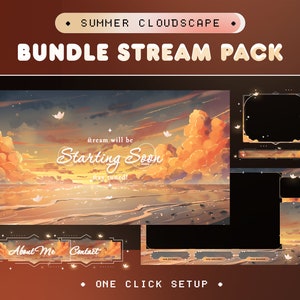 Peut inclure: Une illustration numérique d'un paysage estival avec un coucher de soleil sur une plage. L'illustration est utilisée comme arrière-plan pour un ensemble de superpositions de flux Twitch. Les superpositions comprennent un écran de démarrage imminent, une boîte de discussion, un panneau pour le streamer, un panneau de contact et un panneau de dons. Le texte "SUMMER CLOUDSCAPE" et "BUNDLE STREAM PACK" sont en haut de l'image. Le texte "stream will be Starting Soon stay tuned!" est sur l'écran de démarrage imminent. Le texte "About Me" et "Contact" sont sur les panneaux respectifs.
