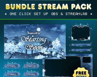 Puede incluir: Un paquete de superposición de transmisión azul y blanco con un diseño de inspiración japonesa que presenta una montaña, flores de cerezo y una puerta torii. El texto "stream will be Starting Soon" se muestra en una fuente decorativa. El paquete de superposición incluye una pantalla de inicio, un cuadro de chat, un panel de donaciones y un panel de redes sociales. El texto "FREE EDITABLE PANEL" se muestra en un círculo rojo.