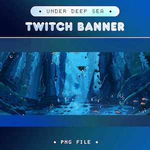 K&ouml;nnte beinhalten: Ein blaues und violettes Twitch-Banner mit dem Text "UNDER DEEP SEA" und "TWITCH BANNER" in Wei&szlig;. Das Banner zeigt eine digitale Illustration einer Unterwasser-Szene mit dunkelblauen Felsen, Algen und kleinen orangefarbenen Fischen.