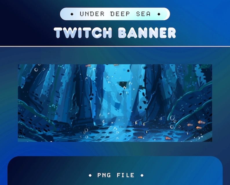 K&ouml;nnte beinhalten: Ein blaues und violettes Twitch-Banner mit dem Text "UNDER DEEP SEA" und "TWITCH BANNER" in Wei&szlig;. Das Banner zeigt eine digitale Illustration einer Unterwasser-Szene mit dunkelblauen Felsen, Algen und kleinen orangefarbenen Fischen.