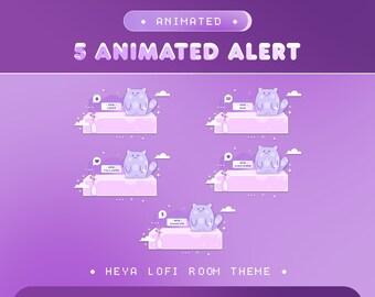 Animated Stream Alert for Twitch, Kick, Youtube/Heya Lofi Room/Cat Overlay Set/Clouds and Plants Element/Purple Color/Cozy/Vtuber/Kawai