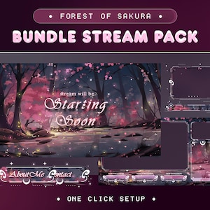 Paquete de transmisión animada del Bosque de Sakura para Twitch, Kick, Youtube/Tema estético/Conjunto de superposiciones/Japón/Alerta/Color oscuro y tranquilo/Acogedor/Superposición de Vtuber