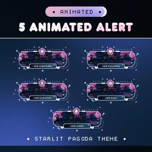 Starlit Pagoda Animated Alerts Pack for Twitch YouTube Kick/Sakura Cherry Blossom/Japanese Theme/Aesthetic Package/Vtuber Layout/Cute Kawaii