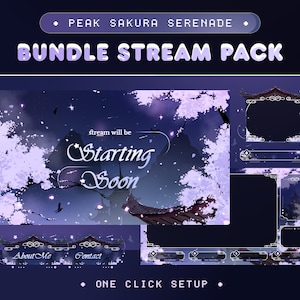 Może przedstawiać: Fioletowo-biały pakiet strumieniowy z japońskim wzorem przedstawiającym kwiaty wiśni, góry i pagodę. Tekst "PEAK SAKURA SERENADE" i "BUNDLE STREAM PACK" znajduje się w górnej części obrazu. Tekst "stream will be Starting Soon" znajduje się w środkowej części obrazu. Tekst "About Me" i "Contact" znajduje się w dolnej części obrazu. Tekst "ONE CLICK SETUP" znajduje się w dolnej części obrazu.
