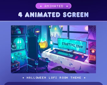 Animated Screen Halloween Room for Twitch and Kick | Bat, Lantern Pumpkin, Black Spider Stream Design | Purple, Blue, Black Colour