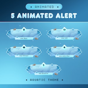 Animated Alert Aquatic for Twitch, Kick, Youtube/Sea Ocean Theme/Panel/Transition/Nemo Fish, Crab,Coral Sunshine Overlay Set/Blue and White