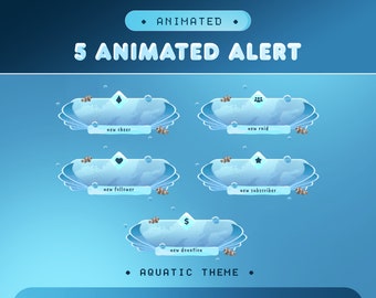 May include: Five animated alert banners with an aquatic theme. The banners are blue and white with a shell design. The text on the banners reads "new cheer", "new raid", "new follower", "new subscriber", and "new donation".