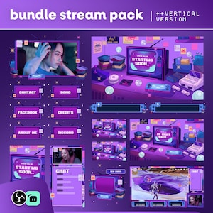 May include: A purple and pink bundle stream pack with the text "bundle stream pack" and "++VERTICAL VERSION". The pack includes various overlay elements such as "Starting Soon" and "Be Right Back" screens, and social media buttons.