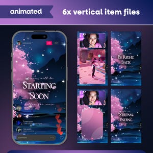 Starlit Pagoda Animated Stream Overlay Pack for Twitch, Kick, Youtube/Sakura Cherry Blossom/Japanese Theme/Aesthetic/Pink/Blue/Panels/Alerts image 3