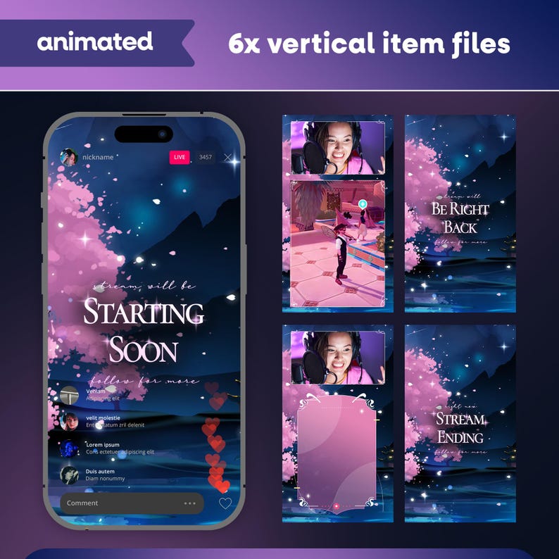 Starlit Pagoda Animated Stream Overlay Pack for Twitch, Kick, Youtube/Sakura Cherry Blossom/Japanese Theme/Aesthetic/Pink/Blue/Panels/Alerts image 3