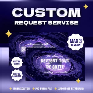 Peut inclure: Une superposition de flux Twitch sur le thème de la galaxie, de couleur violette et bleue, avec le texte "REVIENT TOUT DE SUITE" en blanc. La superposition comprend des options de couleur, de langue et de haute résolution personnalisées. Elle comprend également un fichier PNG et WEBM et prend en charge OBS et Streamlabs.