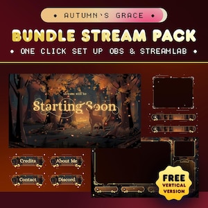 May include: A digital illustration of a forest scene with a deer in the foreground. The text "stream will be Starting Soon" is displayed in a gold font. The image is part of a bundle stream pack for OBS and Streamlabs. The pack includes a variety of overlays, panels, and alerts in a gold and brown color scheme.