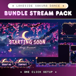 Lakeside Sakura Dance Animated Stream Pack for Twitch, Kick, YouTube/Aesthetic Pink Overlay/Cute Anime Asset/Cherry Blossom Purple/Sea Ocean