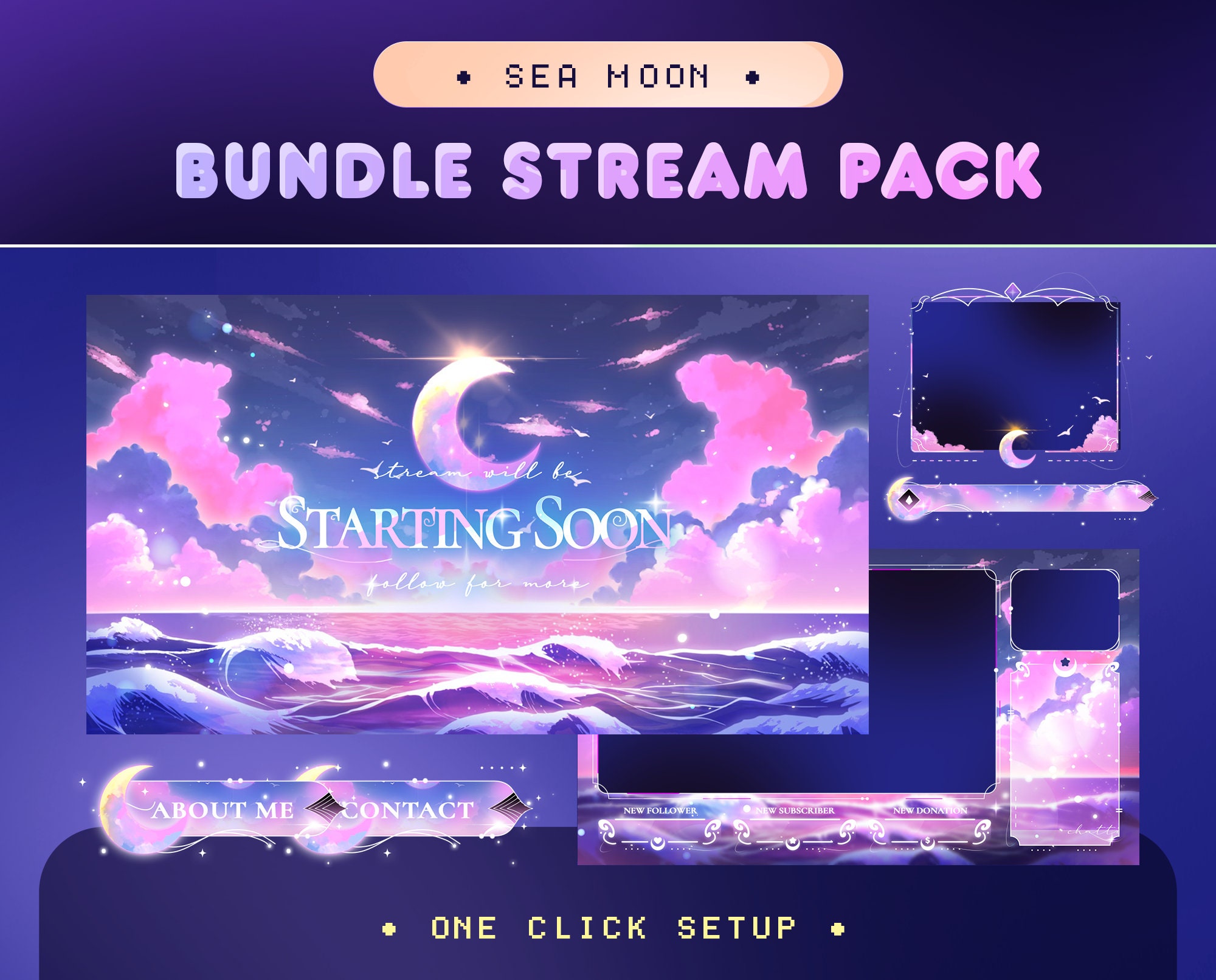 Cloud Moon Animated Stream Pack for Twitch, Kick, Youtube/Aesthetic Moon/Overlay Set/Sea/Alert/Pastel Color/Star/Vtuber Overlay