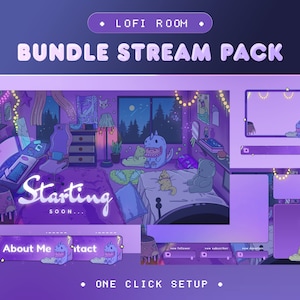 Dark Lofi Gaming Room Stream Package for Twitch, Kick | Night Vibes | Cat, Dinosaurs, Doll Accessories Overlay | Purple Colour and Blue