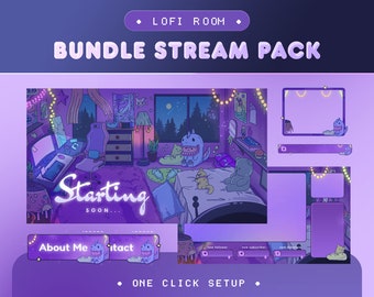 May include: A purple and blue digital art illustration of a bedroom with a computer, a bed, and a stuffed animal. The text "LOFI ROOM" and "BUNDLE STREAM PACK" is at the top of the image. The text "Starting Soon..." is in the center of the image. The text "About Me" and "Contact" are in the bottom left corner of the image. The text "ONE CLICK SETUP" is in the bottom center of the image.