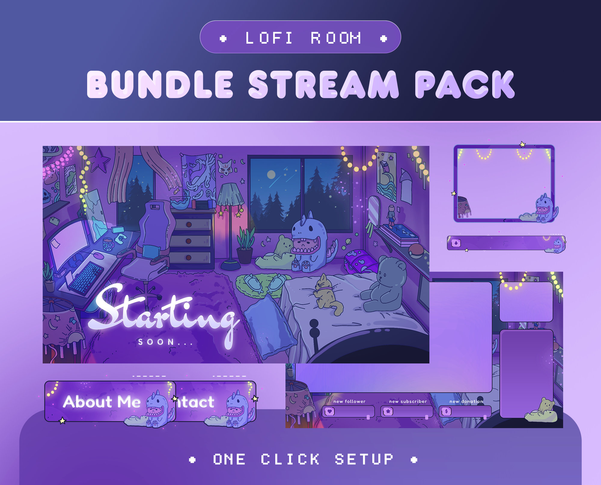 Pacchetto streaming di dinosauri animati per Twitch, Kick, Youtube / Sala giochi Dark Lofi / Gatto / Accessori per bambole / Colore viola / Carino / Pannelli