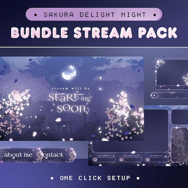Sakura Delight Animated Stream Pack for Twitch, Kick, Youtube/Aesthetic Theme/Overlay Set/Japan/Alert/Dark Calm Color/Cozy/Vtuber Overlay
