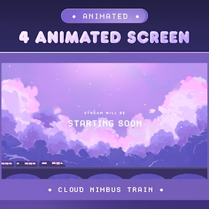 May include: Animated purple and pink sky with clouds and a train passing by. The text "STREAM WILL BE STARTING SOON" is in the centre of the image.