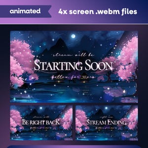 Starlit Pagoda Animated Stream Overlay Pack for Twitch, Kick, Youtube/Sakura Cherry Blossom/Japanese Theme/Aesthetic/Pink/Blue/Panels/Alerts image 2
