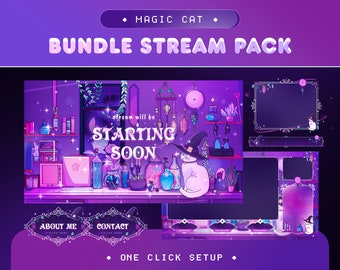 Magic Cat Animated Stream Pack for Twitch, Kick, Youtube/Cute Kawaii Theme/Transition/Alert/Panels/Purple Color/Cozy/Vtuber/Witch Cat