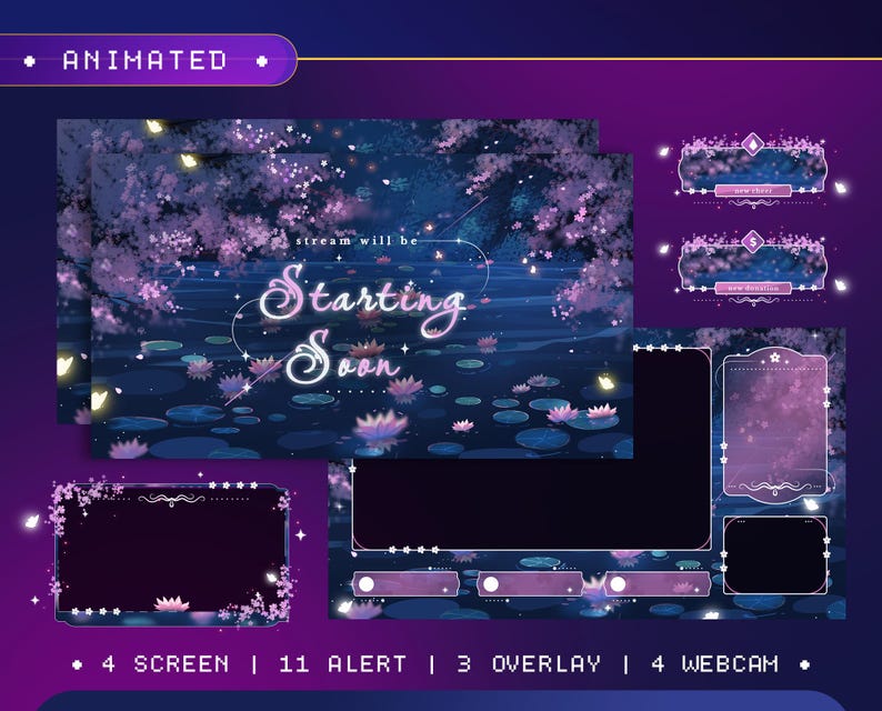 Kawaii Lotus Pond Twitch Stream Overlay Pack | Magical Purple Butterfly ...