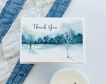 Winter Thank You card | watercolor winter, Christmas card, watercolor snow card, snowy thank you card, winter tree card, holiday snow card