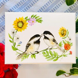 Chickadee card | watercolor bird card, blank chickadee card, Floral Chickadee card, two Chickadees note, spring art, spring chickadees