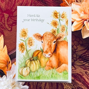 Watercolor cow birthday card | herd its your birthday card, cow watercolor card, cow and flowers birthday note