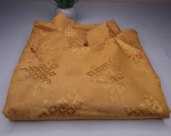 Golden Tibetan Traditional Shirt,Tibetan Shirt Man Side Opening,Tibetan Brocade Shirt,Traditional Tibetan Unisex Shirt with  collar