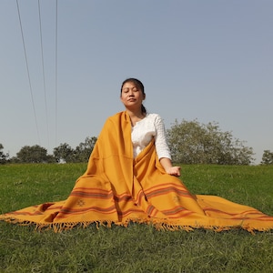 Handwoven Saffron Yellow Pure Himalayan Wool Meditation Shawl,Himalayan Prayer Blanket,Kullu Shawl,Ethnic Indian Shawl,Wool Prayer Wrap