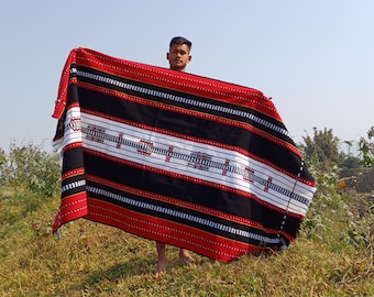 Large Thick Handwoven Black And Blue Naga Tribe Traditional Blanket,Ethnic Sofa Throw,Native Indian Cloth,Naga Tribe Shawl,Tribal Wall Decor