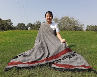 XL Handwoven Light Grey Himalayan Yak Wool Blanket,Himalayan Meditation Shawl,Tibetan YakWool Blanket,Yoga Meditation Wrap,Wool Travel Shawl