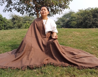 Large Handwoven Thick Brown Pure Himalayan Sheep Wool Meditation Shawl,Himalayan Prayer Blanket,Kullu Shawl,Large Ethnic Indian Prayer Wrap