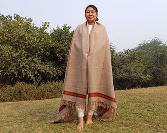 Large Handwoven Handspun Beige Color Pure Himalayan Yak Wool Meditation Blanket,Ethnic Indian Yak Prayer Shawl,Oversized Himalayan Yak Wrap