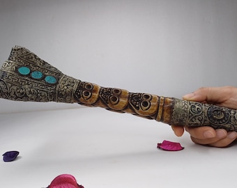 Vintage Double Mahakala en os, sculpté à la main, incrustation d'argent, trompette rituelle tibétaine Kangling, trompette tantrique traditionnelle d'occasion, outil de bouddhisme chamanique