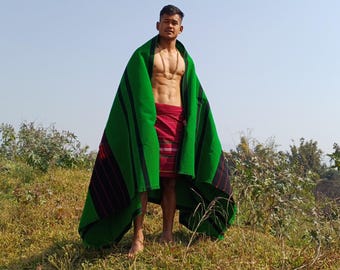 Large Thick Handwoven Black/Green Naga Tribe Traditional Blanket,Ethnic Sofa Throw,Native Indian Cloth,Naga Tribe Shawl,Tribal Wall Decor