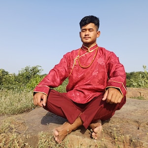 Wonju,Maroon Tibetan Traditional Shirt,Tibetan Shirt Man Side Opening,Tibetan Brocade Shirt,Buddhist Meditation Shirt,Tibetan clothing