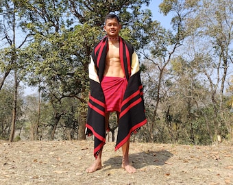 Large Thick Handwoven Black And Red Naga Tribe Traditional Blanket,Ethnic Sofa Throw,Native Indian Cloth,Naga Tribes Shawl,Tribal Wall Decor