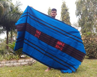 Large Thick Handwoven Black And Blue Naga Tribe Traditional Blanket,Ethnic Sofa Throw,Native Indian Cloth,Naga Tribe Shawl,Tribal Wall Decor