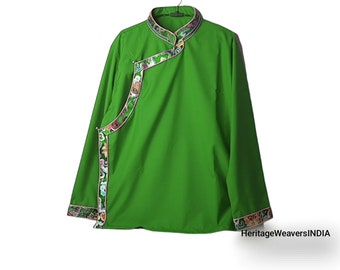 Forest Green color Tibetan Traditional Shirt,Tibetan Shirt Man Side Opening Shirt,Tibetan chuba, Wonju,Tibetan clothing,Buddhist clothing