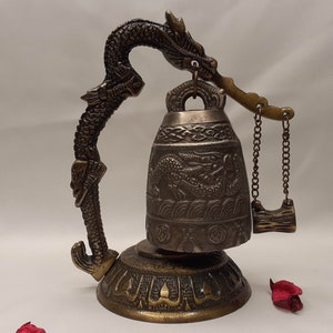 Vintage Tibetan Brass Bells, Buddha Design, Nepal Pure Handmade 7 metals (Vajra) for Meditation, Yoga Chakra blancing Sound healing Buddhism