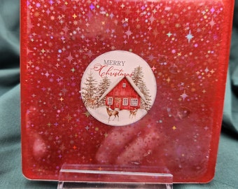 Red Christmas Coasters: Sparkling Holographic Festive Decor & Shelf Signs